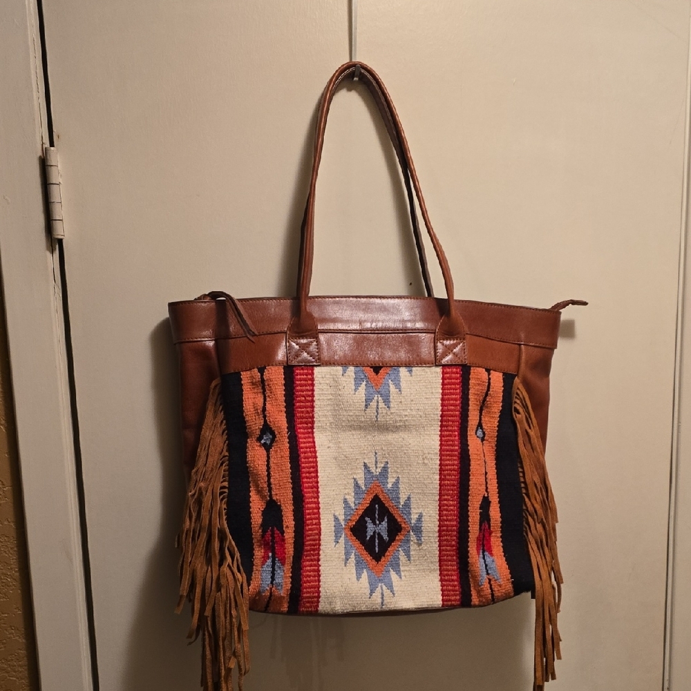 Brown Leather Tote Bag with Fringe and Pattern